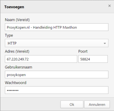 HTTP Proxy - Maxthon Browser gebruikersnaam en wachtwoord voorbeeld gegevens