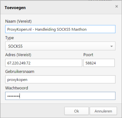 HTTP Proxy - Maxthon Browser gebruikersnaam en wachtwoord voorbeeld gegevens