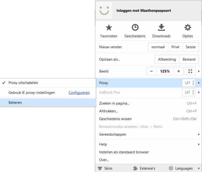 HTTP Proxy - Maxthon volledige menu